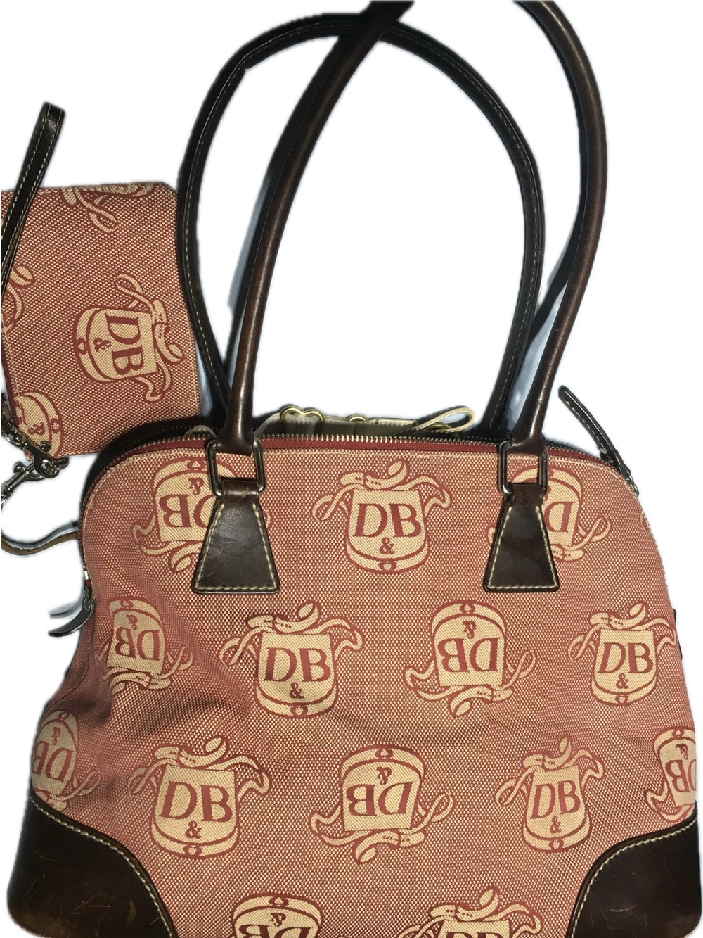 Dooney & Burke DB Canvas Leather Trim Domed Shoulder Handbag w/ Matching Pouch